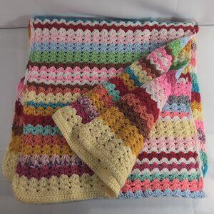 Vintage Rainbow Stripe Throw 50x21 in Crochet Afghan Blanket Colorful Multicolor